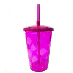 COPO FEST COM TAMPA E CANUDO 400 ML - ROSA TRANSPARENTE - LSC TOY