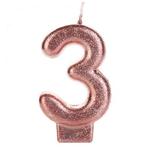 VELA DE ANIVERSÁRIO ROSE GOLD /BRONZE GLITTER N°3 - 01 UNIDADE - SILVER FESTAS