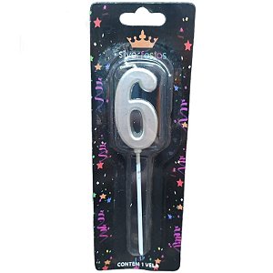 VELA DE ANIVERSARIO NÚMERO "6" PRATA - CONTÉM 01 UNIDADE - SILVER FESTAS