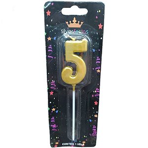 VELA DE ANIVERSARIO NÚMERO "5" DOURADO - CONTÉM 01 UNIDADE - SILVER FESTAS