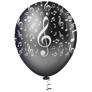 BALÃO NOTAS MUSICAIS PRETO C/BRANCO 10" - DE LATEX - COM 25 UNIDADES - PIC PIC