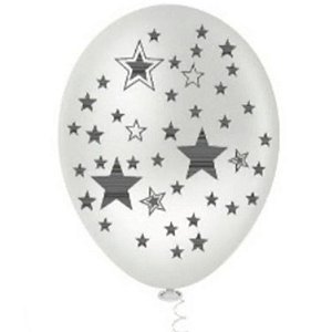 BALÃO ESTRELAS BIG BRANCO COM PRATA  10" - DE LATEX - COM 25 UNIDADES - PIC PIC