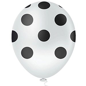 BALÃO BOLINHA BRANCO COM PRETO  10" - DE LATEX - COM 25 UNIDADES - PIC PIC