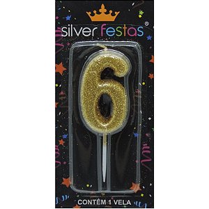 VELA DE ANIVERSÁRIO GLITTER DOURADA - NÚMERO 6 - SILVER FESTAS