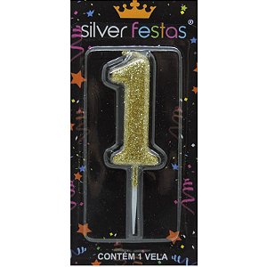 VELA DE ANIVERSÁRIO GLITTER DOURADA - NÚMERO 1 - SILVER FESTAS