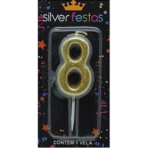 VELA DE ANIVERSÁRIO GLITTER DOURADA - NÚMERO 8 - SILVER FESTAS