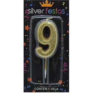 VELA DE ANIVERSÁRIO GLITTER DOURADA - NÚMERO 9 - SILVER FESTAS