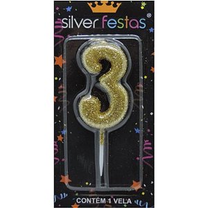 VELA DE ANIVERSÁRIO GLITTER DOURADA - NÚMERO 3 - SILVER FESTAS