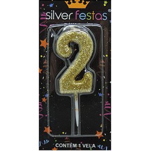 VELA DE ANIVERSÁRIO GLITTER DOURADA - NÚMERO 2 - SILVER FESTAS