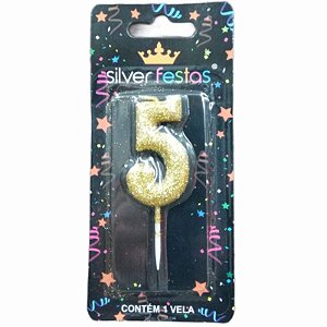 VELA DE ANIVERSÁRIO GLITTER DOURADA - NÚMERO 5 - SILVER FESTAS