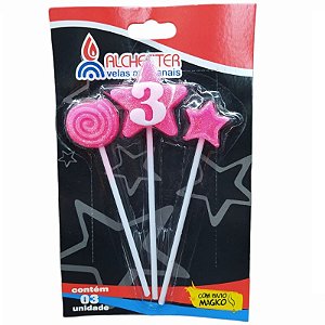 VELA DE ANIVERSARIO ROSA - ESTRELA SUPER - N°3 - 01 UNIDADE ALCHESTER