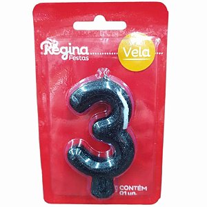 VELA DE ANIVERSÁRIO N°3 CINTILANTE PRETO - GLITTER - 01 UNIDADE - REGINA FESTAS