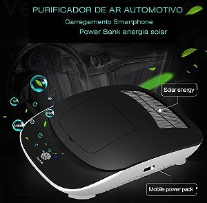 Purificador de ar Automotivo por ozônio / Movido por energia solar com carregador Power Bank para smartphone