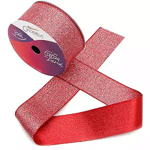 Fita de Cetim com Lurex Cinderela 38mm 10mts Cor- 8-Vermelho c/ Lurex Prata