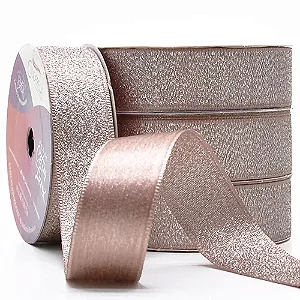 Fita de Cetim com Lurex Cinderela 22mm 10mts Cor-151-Rose Gold c/ Lurex Prata