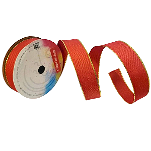 Fita Decorativa Aramada Natal Ref:1715  22mm Cor-02-Vermelho com Brilho Dourado C/ 10mts