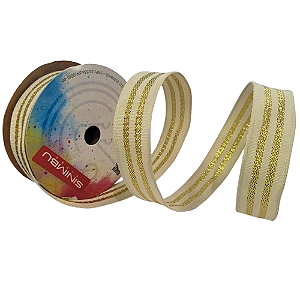 Fita Decorativa  Ref: 1996 22mm -Cor -01-Creme com Dourado 10 Metros