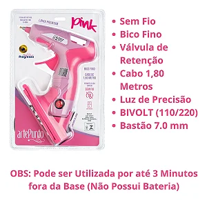 Pistola Cola Quente Linha Premium PC006 Pink - Artepunto Permite uso Sem Fio