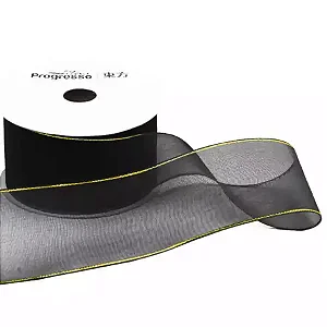 Fita de Voal com Ourela Dourada Progresso ZCD 009 38mm 10mts Cor 219 Preto