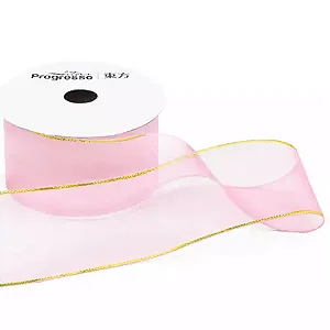 Fita de Voal com Ourela Dourada Progresso ZCD 009 38mm 10mts Cor 206 Rosa Claro