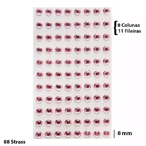Cartela Adesiva Strass 88 Pçs 8mm Cor Rosa