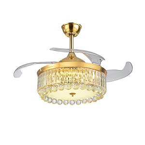 VENTILADOR LUSTRE RETRÁTIL LUXO CRISTAL LED CONTROLO REMOTO