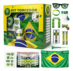 Kit Torcedor Brasil Copa 2026 Completo 12 Peças Bandeira Corneta Óculos Tinta Facial Acessórios Torcida Futebol Festa Brasil Copa Mundo Kit Brasil Torcedor Promoção Evento Futebol Brasil Fan Kit