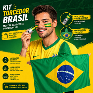 Kit Torcedor: Tinta Facial Bastão Verde Amarelo + Bandeira 90x150 Capa Torcedor