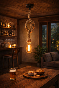 Lustre Decorativo Rústico em Corda Natural com Lâmpada de Filamento