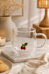 Caneca de Vidro Duplo Borossilicato – Cereja 3D