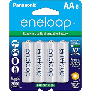 Pilha Recarregável Panasonic Eneloop BK-3MCCA8BA AA - 8 unidades