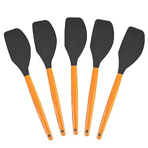 Kit 5 Espátulas Em Silicone Curva Cabo Madeira 31cm Preta -