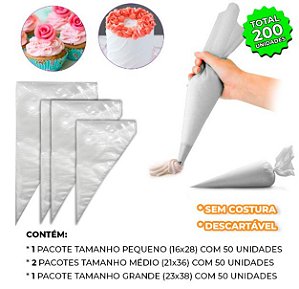 Kit 200 Saco/Manga de Confeitar Descartável P-M-G