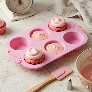 Forma Cupcake Em Silicone 6 Cavidades Petit Gateau Empada Rosa