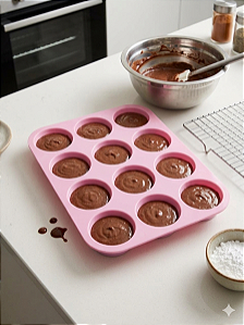Forma Cupcake Em Silicone 12 Cavidades Petit Gateau Empada Rosa