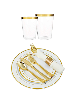 KIT 20 CONVIDADOS - Copo Prato Guardanapos Descartável De Luxo - Gold