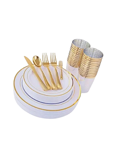 KIT 100 CONVIDADOS - Copo Prato Guardanapos Descartável De Luxo - Gold