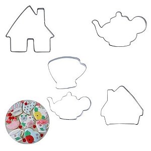 Kit 5 Cortadores de Inox Casa Decoração Home Xícara Bule Confeitaria
