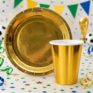Kit Descartável Papel Dourado com Prato e Copo para 20 pessoas