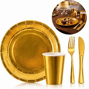 Kit 20 Pessoas Prato, Copo e Talheres Dourados - Prime Chef Papel Plástico Descartável Brasil Copa