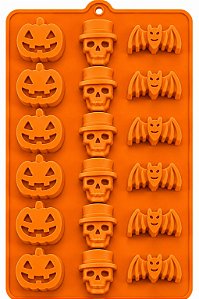 Forma de Silicone para Chocolate Halloween – Abóbora, Caveira e Morcego (21cm x 10,8cm)