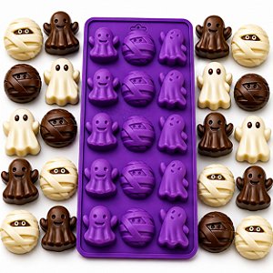 Forma De Silicone Para Chocolate E Gelo Halloween Fantasminha E Múmia