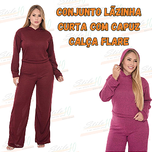 Conjunto Lãzinha curta com capuz e calça Flare