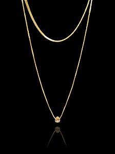 Colar Duplo: Corrente Fita/Corrente Veneziana com Ponto de Luz em Zircônia