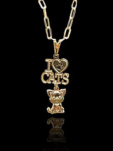 Corrente Elo Cartie 6mm com Pingente em formato da Palavra: "I Love Cats" com Gato Pendurado