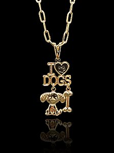 Corrente Elo Cartie 6mm com Pingente em formato da Palavra: "I Love Dogs" com Cachorro e Osso Pendurado