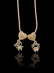 Corrente Rabo de Rato 1,2 mm - fecho tradicional - 50 cm - Com 2 Pingentes de Coração Cravejado Colorido e Menina e Menino Pendurados