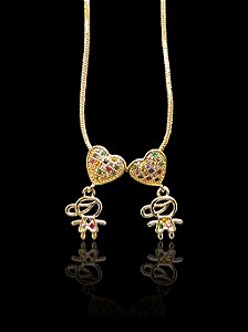 Corrente Rabo de Rato 1,2 mm - fecho tradicional - 50 cm - Com 2 Pingentes de Coração Cravejado Colorido e 2 Meninos Pendurados