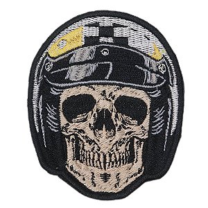 Patch Bordado Caveira Capacete Cinza 10x8cm