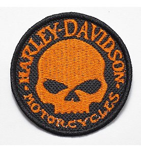 Patch Bordado Harley Davidson Skull Laranja 6x6cm
